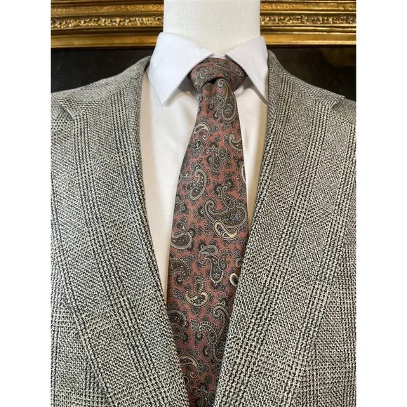 VTG Oscar De La Renta 44R Silk & Wool Tweed Black White Check 2Btn Blazer Jacket